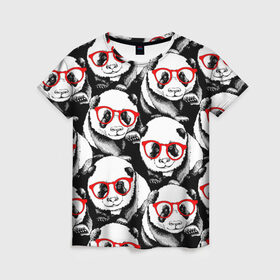 Женская футболка 3D с принтом Панды в красных очках в Санкт-Петербурге, 100% полиэфир ( синтетическое хлопкоподобное полотно) | прямой крой, круглый вырез горловины, длина до линии бедер | animals | bears | funny | head | muzzl | pandas | red | весёлые | взгляд | голова | графика | животные | искусство | картинка | красивый | красные | крутой | медведи | мода | модный | молодёжная | очки | панды | рисунок