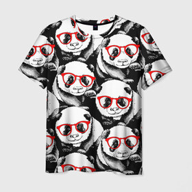 Мужская футболка 3D с принтом Панды в красных очках в Санкт-Петербурге, 100% полиэфир | прямой крой, круглый вырез горловины, длина до линии бедер | animals | bears | funny | head | muzzl | pandas | red | весёлые | взгляд | голова | графика | животные | искусство | картинка | красивый | красные | крутой | медведи | мода | модный | молодёжная | очки | панды | рисунок