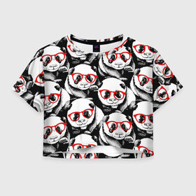Женская футболка Cropp-top с принтом Панды в красных очках в Санкт-Петербурге, 100% полиэстер | круглая горловина, длина футболки до линии талии, рукава с отворотами | animals | bears | funny | head | muzzl | pandas | red | весёлые | взгляд | голова | графика | животные | искусство | картинка | красивый | красные | крутой | медведи | мода | модный | молодёжная | очки | панды | рисунок