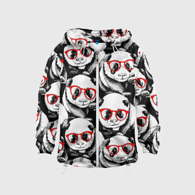 Детская ветровка 3D с принтом Панды в красных очках в Санкт-Петербурге, 100% полиэстер | подол и капюшон оформлены резинкой с фиксаторами, по бокам два кармана без застежек, один потайной карман на груди | animals | bears | funny | head | muzzl | pandas | red | весёлые | взгляд | голова | графика | животные | искусство | картинка | красивый | красные | крутой | медведи | мода | модный | молодёжная | очки | панды | рисунок