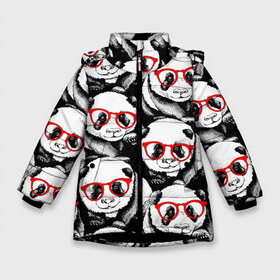 Зимняя куртка для девочек 3D с принтом Панды в красных очках в Санкт-Петербурге, ткань верха — 100% полиэстер; подклад — 100% полиэстер, утеплитель — 100% полиэстер. | длина ниже бедра, удлиненная спинка, воротник стойка и отстегивающийся капюшон. Есть боковые карманы с листочкой на кнопках, утяжки по низу изделия и внутренний карман на молнии. 

Предусмотрены светоотражающий принт на спинке, радужный светоотражающий элемент на пуллере молнии и на резинке для утяжки. | animals | bears | funny | head | muzzl | pandas | red | весёлые | взгляд | голова | графика | животные | искусство | картинка | красивый | красные | крутой | медведи | мода | модный | молодёжная | очки | панды | рисунок