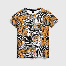 Женская футболка 3D с принтом Тигры и зебры в Санкт-Петербурге, 100% полиэфир ( синтетическое хлопкоподобное полотно) | прямой крой, круглый вырез горловины, длина до линии бедер | black | orange | stri | white | абстракция | африка | белая | графика | животное | зебры | искусство | картинка | коллаж | красивый | крутой | лошадь | мода | модный | молодёжная | оранжевая | полосы | рисунок