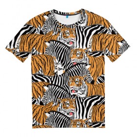 Мужская футболка 3D с принтом Тигры и зебры в Санкт-Петербурге, 100% полиэфир | прямой крой, круглый вырез горловины, длина до линии бедер | black | orange | stri | white | абстракция | африка | белая | графика | животное | зебры | искусство | картинка | коллаж | красивый | крутой | лошадь | мода | модный | молодёжная | оранжевая | полосы | рисунок