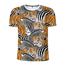 Мужская футболка 3D спортивная с принтом Тигры и зебры в Санкт-Петербурге, 100% полиэстер с улучшенными характеристиками | приталенный силуэт, круглая горловина, широкие плечи, сужается к линии бедра | black | orange | stri | white | абстракция | африка | белая | графика | животное | зебры | искусство | картинка | коллаж | красивый | крутой | лошадь | мода | модный | молодёжная | оранжевая | полосы | рисунок