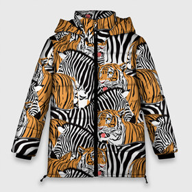 Женская зимняя куртка 3D с принтом Тигры и зебры в Санкт-Петербурге, верх — 100% полиэстер; подкладка — 100% полиэстер; утеплитель — 100% полиэстер | длина ниже бедра, силуэт Оверсайз. Есть воротник-стойка, отстегивающийся капюшон и ветрозащитная планка. 

Боковые карманы с листочкой на кнопках и внутренний карман на молнии | black | orange | stri | white | абстракция | африка | белая | графика | животное | зебры | искусство | картинка | коллаж | красивый | крутой | лошадь | мода | модный | молодёжная | оранжевая | полосы | рисунок