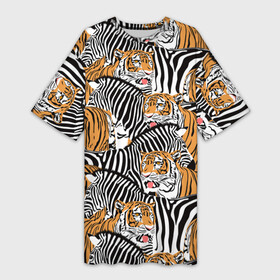 Платье-футболка 3D с принтом Тигры и зебры в Санкт-Петербурге,  |  | black | orange | stri | white | абстракция | африка | белая | графика | животное | зебры | искусство | картинка | коллаж | красивый | крутой | лошадь | мода | модный | молодёжная | оранжевая | полосы | рисунок