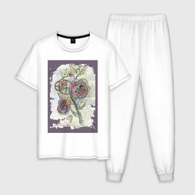 Мужская пижама хлопок с принтом Механический цветок в Санкт-Петербурге, 100% хлопок | брюки и футболка прямого кроя, без карманов, на брюках мягкая резинка на поясе и по низу штанин
 | Тематика изображения на принте: steampunk | механика | ретро | рисунок | стимпанк | цветы