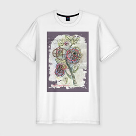 Мужская футболка хлопок Slim с принтом Механический цветок в Санкт-Петербурге, 92% хлопок, 8% лайкра | приталенный силуэт, круглый вырез ворота, длина до линии бедра, короткий рукав | steampunk | механика | ретро | рисунок | стимпанк | цветы