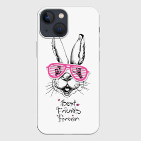 Чехол для iPhone 13 mini с принтом Best Friends Forever в Санкт-Петербурге,  |  | animal | best friends | forever | hare | hearts | love | rabbit | белый | графика | друзья | животное | заяц | искусство | картинка | кролик | крутой | лучшие | лучший | любоввь | модный | навсегда | очки | полосатые | рисунок