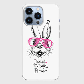Чехол для iPhone 13 Pro с принтом Best Friends Forever в Санкт-Петербурге,  |  | Тематика изображения на принте: animal | best friends | forever | hare | hearts | love | rabbit | белый | графика | друзья | животное | заяц | искусство | картинка | кролик | крутой | лучшие | лучший | любоввь | модный | навсегда | очки | полосатые | рисунок