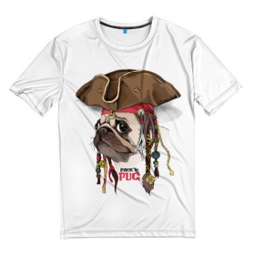Мужская футболка 3D с принтом Pirate PUG в Санкт-Петербурге, 100% полиэфир | прямой крой, круглый вырез горловины, длина до линии бедер | drawing | picture | белый | брутальный | взгляд | графика | животное | искусство | картинка | косички | крутой | лучший | модный | мопс | морской | пиратский | платок | порода | разбойник | рисунок | сильный
