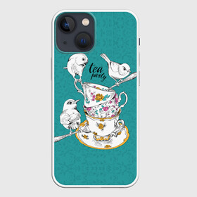 Чехол для iPhone 13 mini с принтом Tea party в Санкт-Петербурге,  |  | art | best | c | creativity | drawing | graphics | phontase | picture | белый | блюдца | вечеринка | графика | зелёный | искусство | картинка | кружки | крутой | ложки | лучший | модный | птицы | расписные | рисунок | розы