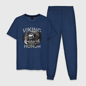 Мужская пижама хлопок с принтом Викинг в Санкт-Петербурге, 100% хлопок | брюки и футболка прямого кроя, без карманов, на брюках мягкая резинка на поясе и по низу штанин
 | Тематика изображения на принте: viking | викинг | викинги | дракар | драккар | честь