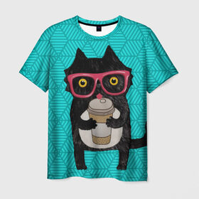 Мужская футболка 3D с принтом Котик с кофе в Санкт-Петербурге, 100% полиэфир | прямой крой, круглый вырез горловины, длина до линии бедер | Тематика изображения на принте: big | арт | крупные арты | крупные принты | сумасшедшие арты