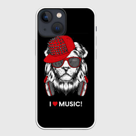 Чехол для iPhone 13 mini с принтом I love music в Санкт-Петербурге,  |  | art | creativity | drawing | graphics | ph | picture | бейсболка | голова | графика | грива | дикий | животное | искусство | картинка | красный | крутой | лев | лучший | модный | музыка | наушники | очки | рисунок | сердце