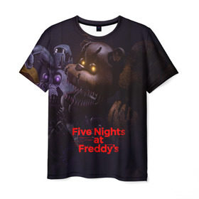 Мужская футболка 3D с принтом Five Nights at Freddy`s в Санкт-Петербурге, 100% полиэфир | прямой крой, круглый вырез горловины, длина до линии бедер | five nights at freddy s | game | horror | игры | механические куклы | ночь | охранник | пять ночей у фредди | светящиеся глаза | ужас