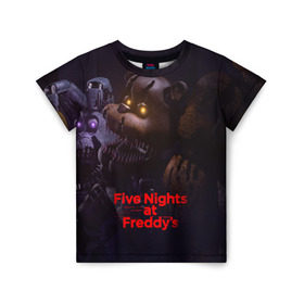 Детская футболка 3D с принтом Five Nights at Freddy`s в Санкт-Петербурге, 100% гипоаллергенный полиэфир | прямой крой, круглый вырез горловины, длина до линии бедер, чуть спущенное плечо, ткань немного тянется | five nights at freddy s | game | horror | игры | механические куклы | ночь | охранник | пять ночей у фредди | светящиеся глаза | ужас