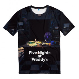 Мужская футболка 3D с принтом Five Nights at Freddy`s в Санкт-Петербурге, 100% полиэфир | прямой крой, круглый вырез горловины, длина до линии бедер | five nights at freddy s | game | horror | игры | механические куклы | ночь | охранник | пять ночей у фредди | светящиеся глаза | ужас