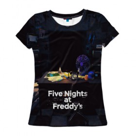 Женская футболка 3D с принтом Five Nights at Freddy`s в Санкт-Петербурге, 100% полиэфир ( синтетическое хлопкоподобное полотно) | прямой крой, круглый вырез горловины, длина до линии бедер | five nights at freddy s | game | horror | игры | механические куклы | ночь | охранник | пять ночей у фредди | светящиеся глаза | ужас