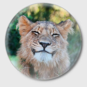 Значок с принтом Улыбка львицы в Санкт-Петербурге,  металл | круглая форма, металлическая застежка в виде булавки | Тематика изображения на принте: голова | животные | кот | кошка | лев | лицо | львица | прикол | прикольные | природа | смешные | тигр | тигрица | улыбается | улыбка | юмор