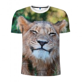 Мужская футболка 3D спортивная с принтом Улыбка львицы в Санкт-Петербурге, 100% полиэстер с улучшенными характеристиками | приталенный силуэт, круглая горловина, широкие плечи, сужается к линии бедра | голова | животные | кот | кошка | лев | лицо | львица | прикол | прикольные | природа | смешные | тигр | тигрица | улыбается | улыбка | юмор