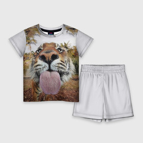 Детский костюм с шортами 3D с принтом Тигр показывает язык в Санкт-Петербурге,  |  | Тематика изображения на принте: голова | животные | кот | кошка | лев | лицо | прикол | прикольные | природа | смешные 
 животные | тигр | тигрица | юмор | язык