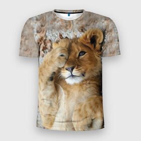 Мужская футболка 3D спортивная с принтом Львенок в Санкт-Петербурге, 100% полиэстер с улучшенными характеристиками | приталенный силуэт, круглая горловина, широкие плечи, сужается к линии бедра | дикая кошка | животные | кот | кошка | лев | львенок | львица | мордочка | природа | тигр | хищник