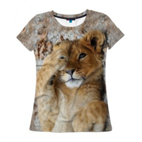 Женская футболка 3D с принтом Львенок в Санкт-Петербурге, 100% полиэфир ( синтетическое хлопкоподобное полотно) | прямой крой, круглый вырез горловины, длина до линии бедер | Тематика изображения на принте: дикая кошка | животные | кот | кошка | лев | львенок | львица | мордочка | природа | тигр | хищник