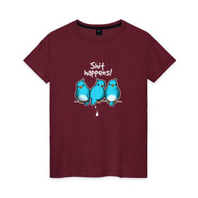 Женская футболка хлопок с принтом Shit Happens в Санкт-Петербурге, 100% хлопок | прямой крой, круглый вырез горловины, длина до линии бедер, слегка спущенное плечо | воробей | голубь | лапочка | милашка | милый | мимими | надпись | птица | птицы | птичка | юмор