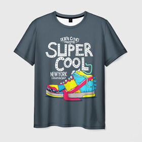 Мужская футболка 3D с принтом Super cool в Санкт-Петербурге, 100% полиэфир | прямой крой, круглый вырез горловины, длина до линии бедер | Тематика изображения на принте: cham | cities | freestyle | new york | skate | street | style | super cool | бейсболка | глаз | города | зубы | кроссовка | круто | надпись | нью йорк | обувь | символ | скейт | стиль | супер | текст | тёмный | улица | улыбка | фон