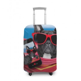 Чехол для чемодана 3D с принтом бульдог в Санкт-Петербурге, 86% полиэфир, 14% спандекс | двустороннее нанесение принта, прорези для ручек и колес | бульдог | отдых | очки | собака | телефон | черная собака