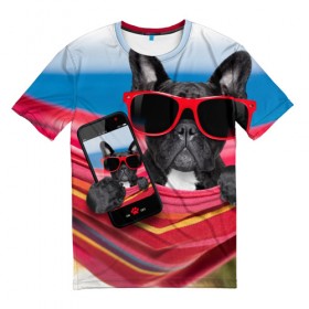Мужская футболка 3D с принтом бульдог в Санкт-Петербурге, 100% полиэфир | прямой крой, круглый вырез горловины, длина до линии бедер | бульдог | отдых | очки | собака | телефон | черная собака