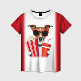 Женская футболка 3D с принтом собака-киноман в Санкт-Петербурге, 100% полиэфир ( синтетическое хлопкоподобное полотно) | прямой крой, круглый вырез горловины, длина до линии бедер | кино | отдых | очки | попкорн | собака | телефон | терьер