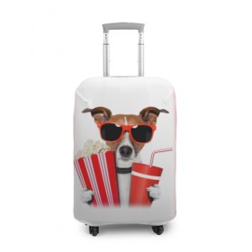 Чехол для чемодана 3D с принтом собака-киноман в Санкт-Петербурге, 86% полиэфир, 14% спандекс | двустороннее нанесение принта, прорези для ручек и колес | кино | отдых | очки | попкорн | собака | телефон | терьер