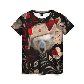 Женская футболка 3D с принтом Медведь в ушанке в Санкт-Петербурге, 100% полиэфир ( синтетическое хлопкоподобное полотно) | прямой крой, круглый вырез горловины, длина до линии бедер | звезда | мишка | патриот | роспись | русский | русь | сибирь | ссср | хохлома | шапка