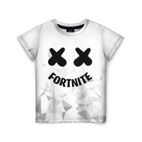 Детская футболка 3D с принтом FORTNITE x MARSHMELLO в Санкт-Петербурге, 100% гипоаллергенный полиэфир | прямой крой, круглый вырез горловины, длина до линии бедер, чуть спущенное плечо, ткань немного тянется | Тематика изображения на принте: 2019 | armor | armour | cybersport | esport | fortnite | game | llama | logo | броня | игра | киберспорт | лама | фиолетовый | фирменные цвета | фортнайт