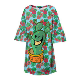 Детское платье 3D с принтом Веселый кактус в Санкт-Петербурге, 100% полиэстер | прямой силуэт, чуть расширенный к низу. Круглая горловина, на рукавах — воланы | Тематика изображения на принте: веселый кактус | зеленый | иголки | кактусы | колючий | летний | лето | настроение | прикольный | радостный | счастье | цветок | цветы | эмоции