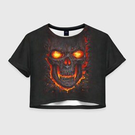 Женская футболка 3D укороченная с принтом Skull Lava в Санкт-Петербурге, 100% полиэстер | круглая горловина, длина футболки до линии талии, рукава с отворотами | dead | demon | devil | executioner | metal | punisher | rap | rock | satan | skull | swag | каратель | метал | палач | рок | скелет | череп