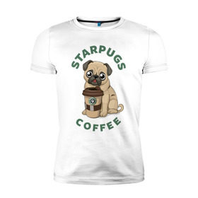 Мужская футболка премиум с принтом Мопс с Кофе (Пародия) в Санкт-Петербурге, 92% хлопок, 8% лайкра | приталенный силуэт, круглый вырез ворота, длина до линии бедра, короткий рукав | coffee | pug | кофе | мопс | собака | собаки