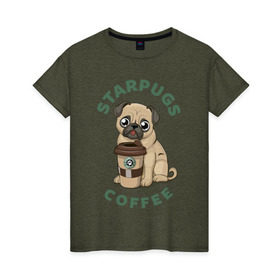 Женская футболка хлопок с принтом Мопс с Кофе (Пародия) в Санкт-Петербурге, 100% хлопок | прямой крой, круглый вырез горловины, длина до линии бедер, слегка спущенное плечо | coffee | pug | кофе | мопс | собака | собаки