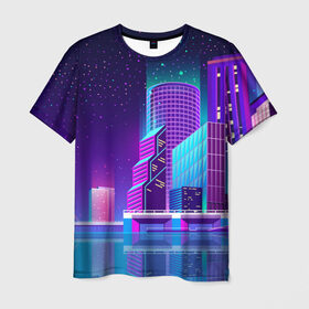 Мужская футболка 3D с принтом Neon Nights в Санкт-Петербурге, 100% полиэфир | прямой крой, круглый вырез горловины, длина до линии бедер | city | neon синтвейв | retrowave | synthwave | горо | неон | ночь | ретровейв