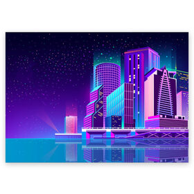 Поздравительная открытка с принтом Neon Nights в Санкт-Петербурге, 100% бумага | плотность бумаги 280 г/м2, матовая, на обратной стороне линовка и место для марки
 | city | neon синтвейв | retrowave | synthwave | горо | неон | ночь | ретровейв
