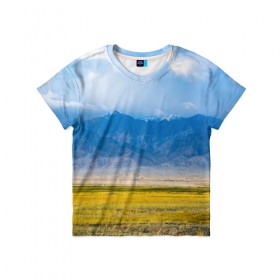 Детская футболка 3D с принтом Красочная долина в Санкт-Петербурге, 100% гипоаллергенный полиэфир | прямой крой, круглый вырез горловины, длина до линии бедер, чуть спущенное плечо, ткань немного тянется | горы | долина | небо | поле | природа