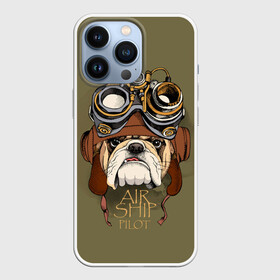 Чехол для iPhone 13 Pro с принтом Air ship pilot в Санкт-Петербурге,  |  | aircraft | angry | animal | breed | bulldog | dog | pilot | predator | t | бульдог | взгляд | воздушное | графика | животное | злой | зуб | зубы | надпись | очки | пилот | порода | рисунок | самолет | синий | собака | судно | текст