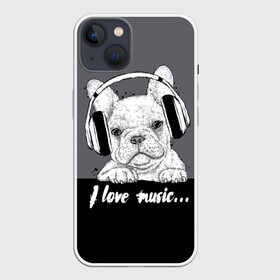 Чехол для iPhone 13 с принтом I love music… в Санкт-Петербурге,  |  | animal | black | breed | dog | drawing | fon | graphics | gray | head | headphones | i | inscription | look | love | music | muzzle | text | взгляд | голова | графика | животное | люблю | музыка | надпись | наушники | порода | рисунок | серый | со