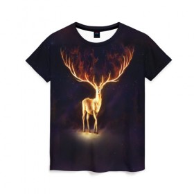 Женская футболка 3D с принтом Огненный олень в Санкт-Петербурге, 100% полиэфир ( синтетическое хлопкоподобное полотно) | прямой крой, круглый вырез горловины, длина до линии бедер | deer | fire | flame | horns | огонь | пламя | рога