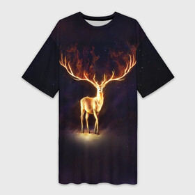 Платье-футболка 3D с принтом Огненный олень в Санкт-Петербурге,  |  | deer | fire | flame | horns | огонь | пламя | рога