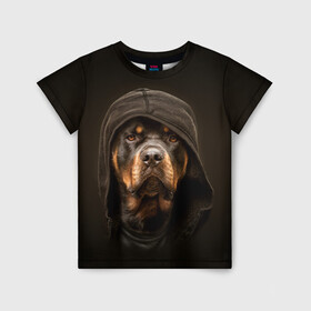 Детская футболка 3D с принтом Ротвейлер в капюшоне  в Санкт-Петербурге, 100% гипоаллергенный полиэфир | прямой крой, круглый вырез горловины, длина до линии бедер, чуть спущенное плечо, ткань немного тянется | rottweiler | капюшон | молоссы | пастух | пёс | собака | щенок