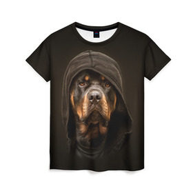 Женская футболка 3D с принтом Ротвейлер в капюшоне в Санкт-Петербурге, 100% полиэфир ( синтетическое хлопкоподобное полотно) | прямой крой, круглый вырез горловины, длина до линии бедер | Тематика изображения на принте: rottweiler | капюшон | молоссы | пастух | пёс | собака | щенок