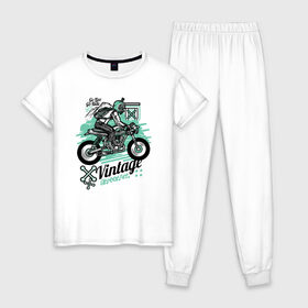 Женская пижама хлопок с принтом Мотоцикл в Санкт-Петербурге, 100% хлопок | брюки и футболка прямого кроя, без карманов, на брюках мягкая резинка на поясе и по низу штанин | байк | мото | мотоцикл